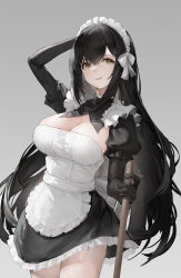 Rule 34 | 1girl, alternate costume, apron, arm behind head, arm up, black dress, black gloves, black hair, breasts, broom, brown hair, cleavage, commentary request, cowboy shot, dress, elbow gloves, enmaided, frilled apron, frills, gloves, grey background, hair between eyes, haori io, highres, holding, holding broom, large breasts, long hair, looking at viewer, maid, maid apron, maid headdress, open mouth, original, puffy short sleeves, puffy sleeves, short sleeves, sidelocks, simple background, smile, solo, standing, teeth, upper teeth only, very long hair, white apron