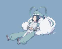 Rule 34 | 1boy, altaria, black footwear, blue background, blue hair, creatures (company), crossover, closed eyes, fluffy, full body, game freak, gen 3 pokemon, long hair, lying, nintendo, own hands clasped, own hands together, pokemon, pokemon (creature), rkp, shadow, shoes, short sleeves, signature, simple background, luo xiaohei zhanji, wuxian (the legend of luoxiaohei)