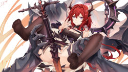 Rule 34 | 1girl, absurdres, arknights, bare shoulders, black dress, black jacket, black thighhighs, breasts, buckle, carrying, chain, cleavage, closed mouth, collarbone, dated, detached collar, dress, highres, horns, huge weapon, jacket, large breasts, long hair, long sleeves, looking at viewer, lying, monster, on back, open clothes, open jacket, purple eyes, red hair, short dress, signature, simple background, smile, solo, spread legs, surtr (arknights), sword, thigh strap, thighhighs, v-shaped eyebrows, very long hair, weapon, white background, xo (xo17800108)