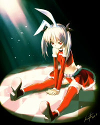 Rule 34 | 1girl, animal ears, belt, boots, breasts, christmas, dated, fake animal ears, fur trim, highres, kawata hisashi, legs, midriff, panties, rabbit ears, red eyes, red panties, red thighhighs, shoes, signature, sitting, skirt, small breasts, snow, snowing, solo, thighhighs, underwear