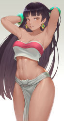 Rule 34 | 1girl, armpits, arms behind head, arms up, black hair, bracelet, breasts, brown eyes, chel (the road to el dorado), cheshirrr, collarbone, commentary, dark-skinned female, dark skin, earrings, gradient background, highres, jewelry, lips, long hair, looking at viewer, medium breasts, midriff, mole, mole under eye, navel, parted lips, pelvic curtain, seductive smile, shiny skin, simple background, smile, solo, strapless, the road to el dorado, thighs, tube top, very long hair