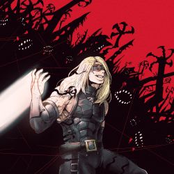 Rule 34 | attack, belt, biceps, black gloves, black pants, black shirt, blindfold, blonde hair, blouse, clenched teeth, commentary, cowboy shot, elbow gloves, gloves, glowing, guilty gear, guilty gear strive, han gong, highres, long hair, muscular, muscular male, open mouth, pants, shirt, sleeveless, sleeveless shirt, teeth, zato-1