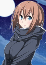 Rule 34 | 10s, 1girl, :o, blush, breasts, eyebrows, eyelashes, flying witch, fur trim, hair between eyes, highres, inukai (flying witch), large breasts, long sleeves, looking at viewer, nori tamago, open mouth, short hair, solo, tareme, turtleneck