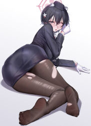 Rule 34 | 1girl, absurdres, animal ears, ass, black eyes, black hair, black hat, black pantyhose, black skirt, blue archive, blush, breasts, collared shirt, drooling, extra ears, gloves, hair between eyes, hair ornament, halo, hat, highres, large breasts, long sleeves, official alternate costume, one eye closed, open mouth, pantyhose, red halo, rounan58287, shirt, short hair, simple background, skirt, soles, solo, toes, torn clothes, torn pantyhose, tour guide, tsubaki (blue archive), tsubaki (guide) (blue archive), white background, white gloves, white shirt