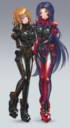 Rule 34 | 2girls, armored bodysuit, black bodysuit, black hair, blue eyes, bodysuit, breasts, character request, covered navel, fortified suit, full body, grey background, hand on another&#039;s shoulder, highres, holding hands, impossible bodysuit, impossible clothes, interlocked fingers, kurione (zassou), medium breasts, multiple girls, muv-luv, muv-luv alternative, orange hair, red bodysuit, shiny clothes, yellow eyes