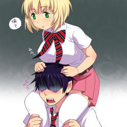 Rule 34 | 1boy, 1girl, ao no exorcist, blush, bow, breast rest, breasts, breasts on head, carrying, fang, large breasts, meow (nekodenki), moriyama shiemi, okumura rin, pointy ears, school uniform, shaded face, shoulder carry, thighhighs, thighs, zettai ryouiki