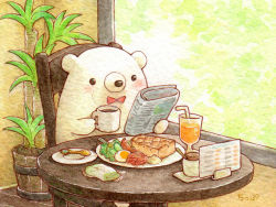 Rule 34 | animal, artist name, bear, blush, bow, bowtie, chair, coffee mug, colored pencil (medium), cup, drinking glass, drinking straw, egg, food, food request, holding, holding mug, holding newspaper, indoors, looking away, mug, newspaper, no humans, original, painting (medium), plant, plate, potted plant, reading, red bow, red neckwear, sitting, spoon, st.kuma, table, traditional media, watercolor (medium)