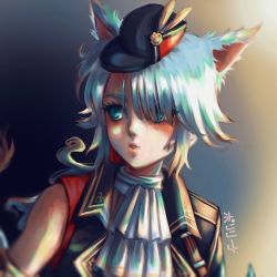 1girl, animal ears, artist name, black headwear, blue eyes, cat ears, cravat, eyelashes, gradient, gradient background, hair over one eye, hat, hat feather, highres, light blue hair, lips, long hair, looking away, looking to the side, mini hat, parted lips, paw print, pink lips, poririna, solo, upper body, white cat (ys), white neckwear, yellow feathers, ys, ys ix monstrum nox