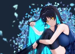 Rule 34 | 1girl, aqua hair, aqua nails, bare shoulders, black choker, black hair, black thighhighs, blue dress, breast press, breasts, bug, butterfly, choker, closed mouth, commentary request, dress, fingernails, hand up, highres, huge filesize, insect, knees to chest, knees up, long hair, looking at viewer, multicolored hair, nail polish, original, ruffling hair, sitting, sleeveless, sleeveless dress, solo, thighhighs, two-tone hair, very long hair, wristband, xiujia yihuizi, yellow eyes