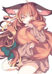 Rule 34 | 1girl, :d, animal ear fluff, animal ears, blue bow, blush, bow, brown eyes, brown hair, brown sweater, commentary request, daidai ookami, hair between eyes, highres, hugging tail, long sleeves, looking at viewer, open mouth, original, ribbed sweater, seiza, simple background, sitting, sleeves past wrists, smile, solo, sweater, tail, white background, wide sleeves