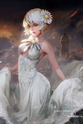 Rule 34 | 1girl, antilous, artist name, bare shoulders, breasts, city, commentary, daisy, dress, english commentary, flower, hair flower, hair ornament, lips, long dress, looking afar, nose, original, red eyes, short hair, solo, white dress, white hair