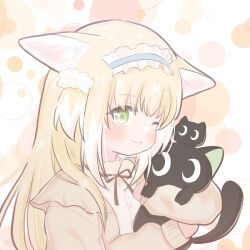 Rule 34 | 1girl, animal, animal ears, arknights, black cat, blonde hair, blush, cardigan, cat, cherry1209, closed mouth, colored tips, commentary request, crossover, fox ears, fox girl, green eyes, heixiu, holding, holding animal, long sleeves, looking at viewer, luo xiaohei, luo xiaohei zhanji, multicolored hair, neck ribbon, one eye closed, puffy long sleeves, puffy sleeves, red ribbon, ribbon, shirt, suzuran (arknights), two-tone hair, upper body, white cardigan, white hair, white shirt