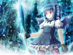Rule 34 | 1girl, ahoge, akashio (loli ace), alternate hair color, alternate hairstyle, bat wings, blue hair, dress, drill hair, dual wielding, fingerless gloves, garter straps, gloves, gothic lolita, holding, kooh, lolita fashion, no panties, pangya, red eyes, short hair, solo, spring onion, striped clothes, striped thighhighs, thighhighs, wings