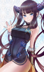 Rule 34 | 1girl, bare shoulders, black dress, blue eyes, blunt bangs, blush, breasts, china dress, chinese clothes, cleavage, closed mouth, detached sleeves, dress, fate/grand order, fate (series), hair ornament, highres, large breasts, long hair, looking at viewer, purple hair, setta shu, side slit, sidelocks, smile, thighs, twintails, very long hair, yang guifei (fate), yang guifei (second ascension) (fate)