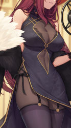 Rule 34 | 1girl, bare shoulders, bodystocking, bra, breasts, character request, cleavage, cleavage cutout, clothing cutout, evan yang, fate/grand order, fate (series), garter straps, highres, lace, lace-trimmed legwear, lace trim, large breasts, navel cutout, pantyhose, parted lips, purple hair, content rating, scathach (fate), scathach (fate), scathach skadi (fate), side-tie dress, side slit, skindentation, solo, solo focus, teeth, thighs, tights day, underwear