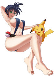 Rule 34 | 1girl, abs, absurdres, adapted costume, armpits, asymmetrical hair, bare arms, bare legs, belt, black hair, breasts, cowboy shot, creatures (company), game freak, gen 1 pokemon, green eyes, gym leader, highres, huge breasts, large breasts, legs, misty (pokemon), navel, nintendo, nipples, pikachu, poke ball, pokemon, pokemon: the electric tale of pikachu, pokemon (creature), ponytail, short hair, side ponytail, simple background, smile, solo, spread legs, swimsuit, thick thighs, thighs, tsa, white background, wide hips