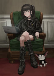 Rule 34 | 1girl, absurdres, armchair, badge, black footwear, black hair, black hoodie, blush, button badge, chair, closed mouth, collar, computer, copyright request, cross-laced footwear, crossed legs, gishiki (gshk), hair intakes, highres, hood, hood down, hoodie, jewelry, laptop, long sleeves, looking at viewer, miniskirt, multiple rings, on chair, original, pleated skirt, ring, sitting, skirt, smiley face, solo, spiked collar, spikes, twintails, vaio, yellow eyes