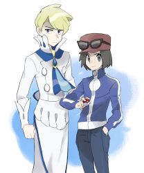 Rule 34 | 2boys, apron, ascot, blonde hair, blue ascot, blue eyes, buttons, calem (pokemon), clenched hand, closed mouth, commentary request, creatures (company), eyewear on headwear, game freak, grey eyes, hand in pocket, hat, highres, holding, holding poke ball, jacket, long sleeves, looking at viewer, male focus, multiple boys, nintendo, pants, poke ball, poke ball (basic), pokemon, pokemon xy, red headwear, sana (37pisana), shirt, short hair, siebold (pokemon), sunglasses, turtleneck, turtleneck jacket, waist apron, white apron, white pants, white shirt, zipper pull tab