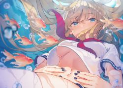 Rule 34 | 1girl, air bubble, angelfish, blonde hair, blue eyes, blue nails, blurry, breasts, bubble, crop top, crop top overhang, depth of field, fish, floating hair, freediving, hands on own stomach, highres, long hair, looking at viewer, medium breasts, midriff, miniskirt, nail polish, navel, neckerchief, original, red neckerchief, school uniform, serafuku, shirt, short sleeves, skindentation, skirt, solo, stomach, thighhighs, underboob, underwater, water, wet, white shirt, white thighhighs, yasumo (kuusouorbital)