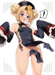 Rule 34 | !, 1girl, :o, bare legs, bare shoulders, black dress, blonde hair, blue eyes, bottomless, breasts, clothes lift, commentary request, covered navel, cross-laced clothes, cross-laced dress, detached sleeves, double bun, dress, dress lift, elf, embarrassed, enjo kouhai, frilled sleeves, frills, from below, gluteal fold, groin, hair bun, halloween, hat, highres, iris (takunomi), jiangshi, looking at viewer, looking down, medium hair, no panties, ofuda, open mouth, pointy ears, side-tie dress, skin tight, small breasts, solo, spoken exclamation mark, surprised, takunomi, very long sleeves, wide sleeves