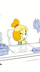 Rule 34 | 1girl, animal crossing, animal ears, animal nose, animated, black eyes, blinking, blonde hair, blush, blush stickers, body fur, bouncing breasts, breasts, bright pupils, buck teeth, buttons, closed eyes, closed mouth, desk, dog ears, dog girl, female focus, flower, furry, furry female, green vest, half-closed eyes, hands on own face, hands up, highres, holding own arm, isabelle (animal crossing), looking to the side, looping animation, mike&#039;s scibbles, nintendo, on chair, open mouth, own hands together, paper, partially colored, pen, plaid, plaid vest, raised eyebrows, rubbing eyes, shirt, short hair, short sleeves, sign, sitting, sleepy, small breasts, smile, solo, split mouth, sunflower, tears, teeth, topknot, two-tone fur, upper body, vest, video, white background, white fur, white pupils, white shirt, yawning, yellow fur