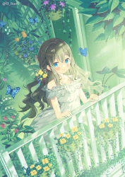 Rule 34 | 1girl, animal, bare shoulders, blue eyes, blue flower, blush, braid, breasts, brown flower, brown hair, bug, butterfly, closed mouth, collarbone, commentary request, dress, flower, hair between eyes, hair flower, hair ornament, highres, ikari (aor3507), insect, long hair, looking at viewer, off-shoulder dress, off shoulder, original, purple flower, railing, small breasts, smile, solo, twitter username, very long hair, white dress, yellow flower