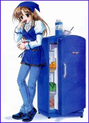 Rule 34 | 1990s (style), brown eyes, brown hair, denim, eating, food, fruit, hasumi elan, jeans, lettuce, long hair, milk, pants, pia carrot (series), pia carrot e youkoso!!, refrigerator, retro artstyle, solo, strawberry