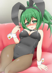Rule 34 | 1girl, animal ears, bare shoulders, blush, bow, bowtie, breasts, cleavage, couch, detached collar, duel monster, fake animal ears, green eyes, green hair, highres, kiramashi (satsujinki), leotard, long hair, looking at viewer, matching hair/eyes, open mouth, pantyhose, playboy bunny, ponytail, rabbit ears, satsujinki (artist), solo, wrist cuffs, wynn the wind charmer, yu-gi-oh!