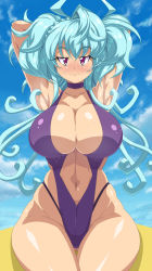 Rule 34 | 1girl, ahoge, arms up, blue hair, blush, breasts, cagliostro (symphogear), casual one-piece swimsuit, cleavage, highres, huge breasts, kihaiu, long hair, looking at viewer, navel, one-piece swimsuit, purple eyes, purple one-piece swimsuit, purple slingshot swimsuit, senki zesshou symphogear, shiny skin, sitting, skindentation, slingshot swimsuit, smile, solo, sweat, swimsuit, thighs, very long hair