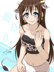Rule 34 | 2girls, animal ears, aqua eyes, artist name, artist request, bare shoulders, black headband, blue eyes, blush, bracelet, breasts, brown hair, cleavage, closed eyes, collarbone, cow ears, cow tail, dress, female focus, fur-trimmed dress, fur-trimmed panties, fur trim, hair between eyes, half updo, headband, highres, jewelry, long hair, looking at viewer, love live!, love live! nijigasaki high school idol club, multiple girls, nail, nail polish, nakasu kasumi, necklace, osaka shizuku, panties, parted lips, pearl necklace, pink lips, pink nails, ponytail, raindrop print, small breasts, smile, tail, underwear, white background, white panties, worried