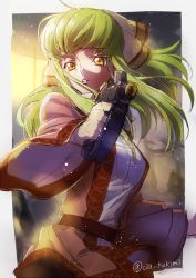 Rule 34 | 1girl, breasts, c.c., c (rahit), code geass, green hair, gun, holding, holding gun, holding weapon, long hair, parted lips, sketch, solo, weapon, yellow eyes