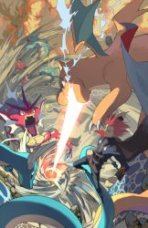 Rule 34 | 1boy, alternate color, angry, artist name, battle, beam, belt, black eyes, blue jacket, blue pants, breath weapon, brown eyes, closed mouth, creatures (company), dated, dragon, dragonair, dragonite, e volution, elite four, eye contact, fangs, game freak, gen 1 pokemon, gyarados, jacket, lance (pokemon), long sleeves, looking at another, magikarp, male focus, nintendo, open mouth, outstretched arm, pants, pokemon, pokemon (creature), pokemon hgss, red eyes, red hair, shiny pokemon, signature, smoke, spiked hair, water