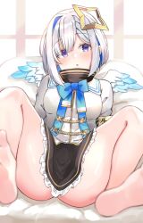 Rule 34 | 1girl, :o, aiguillette, amane kanata, angel, angel wings, armband, asymmetrical bangs, asymmetrical hair, barefoot, black skirt, blue bow, blue bowtie, blue eyes, blue hair, blue wings, blush, bob cut, bow, bowtie, colored inner hair, cropped jacket, embarrassed, feathered wings, frilled skirt, frills, gradient eyes, gradient wings, grey jacket, hair over one eye, halo, hololive, jacket, long sleeves, looking at viewer, lying, mini wings, miniskirt, multicolored eyes, multicolored hair, multicolored wings, on back, on bed, parted lips, pink hair, purple eyes, sailor collar, shiitake taishi, shirt, short hair, silver hair, single hair intake, skirt, sleeves rolled up, solo, spread legs, star halo, streaked hair, turtleneck, virtual youtuber, white shirt, white wings, wide sleeves, wings
