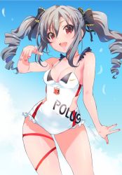 Rule 34 | 1girl, :d, arm up, blue sky, bow, breasts, cleavage, day, drill hair, fingernails, grey hair, hair between eyes, hair bow, highres, idolmaster, idolmaster cinderella girls, inoue sora, kanzaki ranko, leg ribbon, long hair, medium breasts, nail polish, one-piece swimsuit, open mouth, outstretched hand, red eyes, revision, ribbon, sidelocks, signature, skindentation, sky, smile, solo, swimsuit, thigh ribbon, thighs, twin drills