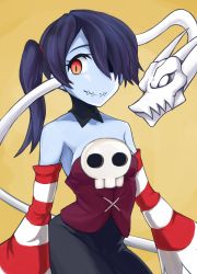 Rule 34 | 1girl, blue hair, blue skin, colored skin, detached collar, detached sleeves, female focus, hair over one eye, highres, leviathan (skullgirls), monster girl, parasite, red eyes, skullgirls, smile, squigly (skullgirls), stitched mouth, stitches, zombie