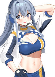 Rule 34 | 1girl, akagi kurage, bandeau, black gloves, blue bandeau, blue eyes, blue hair, blue skirt, breasts, cleavage, commentary request, crop top, cropped jacket, gloves, gotland (kancolle), hair bun, headphones, headset, highres, kantai collection, long hair, looking at viewer, low ponytail, medium breasts, midriff, mole, mole under eye, official alternate costume, race queen, shrug (clothing), simple background, single hair bun, skirt, solo, white background