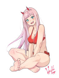 Rule 34 | 10s, 1girl, :d, barefoot, bikini, breasts, darling in the franxx, feet, full body, green eyes, hairband, highres, hori shin, horns, indian style, looking at viewer, medium breasts, oni horns, open mouth, pink hair, red bikini, red horns, simple background, sitting, smile, soles, solo, straight hair, swimsuit, teeth, toes, white background, white hairband, zero two (darling in the franxx)
