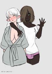 Rule 34 | 2girls, grabbing another&#039;s breast, breasts, brown hair, bulge, closed eyes, clothes, covered erect nipples, dark-skinned female, dark skin, final fantasy, final fantasy xiv, freckles, futa with female, futanari, grabbing, green eyes, grey background, hair over one eye, highres, hyur, interracial, large breasts, long hair, looking at viewer, medium hair, multiple girls, penis, pointy ears, simple background, smile, square enix, testicles, umeyiyo, white hair