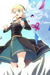 Rule 34 | 1girl, animal, black dress, blonde hair, blue sky, blush, boots, breasts, choker, dress, echo (circa), fate/grand order, fate (series), fou (fate), gerda (fate), grass, green dress, green eyes, knee boots, long hair, long sleeves, open mouth, sky, small breasts, smile, two-tone dress