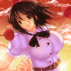 Rule 34 | 1girl, bad id, bad pixiv id, belt, black hair, blush, breasts, cloud, female focus, hat, impossible clothes, impossible shirt, large breasts, open mouth, shameimaru aya, shirt, short hair, short sleeves, solo, sousakubito, tokin hat, touhou, yellow eyes