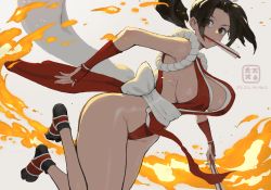 Rule 34 | 1girl, artist logo, bare shoulders, black footwear, breasts, brown eyes, brown hair, chimjoljol (cute goblin), curvy, fatal fury, fire, folded fan, folding fan, hand fan, high ponytail, highres, holding, holding fan, large breasts, looking to the side, mouth hold, ninja, no bra, pelvic curtain, ponytail, revealing clothes, rope, sash, shiranui mai, sideboob, snk, solo, the king of fighters, thick thighs, thighs, wide hips