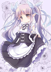 Rule 34 | 1girl, absurdres, apron, blunt bangs, blush, brown eyes, chibitan, dress, frilled apron, frilled dress, frills, highres, kyoka (princess connect!), long hair, looking at viewer, maid, pointy ears, princess connect!, purple hair, solo, twintails, white background, white legwear