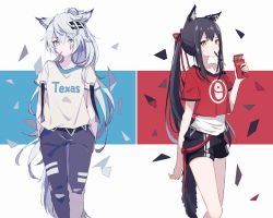 Rule 34 | 2girls, animal ears, arknights, black hair, black pants, black shorts, blue background, captain yue, character name, clothes writing, commentary request, crop top, food, food in mouth, grey eyes, hair between eyes, hair ribbon, lappland (arknights), long hair, looking at viewer, mouth hold, multicolored background, multiple girls, pants, pocky, ponytail, red background, red ribbon, red shirt, ribbon, scar, scar across eye, scar on face, shirt, short shorts, short sleeves, shorts, silver hair, tail, tank top, texas (arknights), very long hair, white background, white shirt