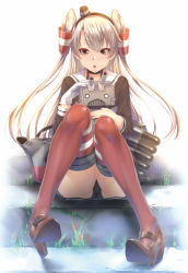 Rule 34 | 10s, 1girl, absurdres, amatsukaze (kancolle), asymmetrical gloves, black hairband, black panties, black shirt, brown eyes, cameltoe, choker, floating hair, full body, gloves, hair ornament, hairband, high heels, highres, kantai collection, long hair, open mouth, panties, red thighhighs, rensouhou-kun, shirt, silver hair, simple background, sitting, solo, stairs, thighhighs, twintails, two side up, underwear, uneven gloves, very long hair, white background, white gloves