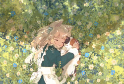 Rule 34 | 1girl, :3, animal, animal ears, animal hug, apron, aqua ribbon, blonde hair, blue flower, calico, cat, cat ears, cheek-to-cheek, commentary request, dress, closed eyes, flower, frilled apron, frills, from above, grass, green background, green dress, hair ribbon, heads together, highres, juliet sleeves, long hair, long sleeves, lying, oimo imoo, on side, orange flower, original, parted lips, puffy sleeves, ribbon, sketch, solo, white apron, white flower