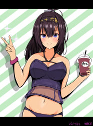 Rule 34 | 1girl, abataa, absurdres, ahoge, akizuki (kancolle), bikini, black hair, black headband, blue eyes, breasts, clothes writing, cowboy shot, cup, disposable cup, drinking straw, hachimaki, headband, highres, holding, holding cup, kantai collection, large breasts, navel, ponytail, purple bikini, smile, solo, standing, swimsuit, v