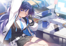Rule 34 | 1girl, black gloves, black skirt, blue archive, breasts, cellphone, cup, desk, gloves, hair ornament, halo, id card, jacket, long hair, medium breasts, monitor, mug, necktie, open clothes, open jacket, phone, purple eyes, purple hair, receipt, shirt, skirt, smartphone, snack, thighs, twintails, yuuka (blue archive), yuuki hagure