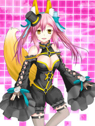 Rule 34 | 10s, 1girl, animal ears, bow, breasts, cleavage, detached sleeves, fate/extra, fate/extra ccc, fate (series), fox ears, fox tail, gothic lolita, hair bow, hair ribbon, hat, lolita fashion, mini hat, mini top hat, official alternate costume, pink hair, ribbon, solo, tail, tamamo no mae (fate/extra), tamamo no mae (sable mage) (fate), tetsu (114351), top hat, twintails, yellow eyes