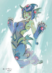 Rule 34 | 1girl, :d, araka101, armpits, artist name, bare shoulders, barefoot, blue background, blue gloves, blue one-piece swimsuit, breasts, character name, clothing cutout, colored skin, commentary request, detached leggings, digimon, digimon (creature), elbow gloves, facial mark, fingerless gloves, fins, full body, gloves, green skin, looking at viewer, lower teeth only, medium breasts, navel, navel cutout, one-piece swimsuit, open mouth, ranamon, red eyes, side cutout, smile, solo, swimsuit, teeth, upper teeth only, w arms