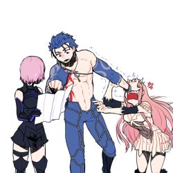 Rule 34 | 1boy, 2girls, armor, armored leotard, black armor, black footwear, black gloves, blue hair, boots, bracelet, chest tattoo, cowboy shot, crescent, crescent necklace, cu chulainn (fate), cu chulainn (fate/stay night), cu chulainn (second ascension) (fate), elbow gloves, fate/grand order, fate (series), frills, gloves, holding, jewelry, long hair, mash kyrielight, medb (fate), multiple girls, necklace, official alternate costume, pink hair, purple hair, red eyes, short hair, simple background, single bare shoulder, skirt, spr (kimagurekaido), tattoo, thigh boots, thighhighs, trembling, white background, white gloves, white skirt